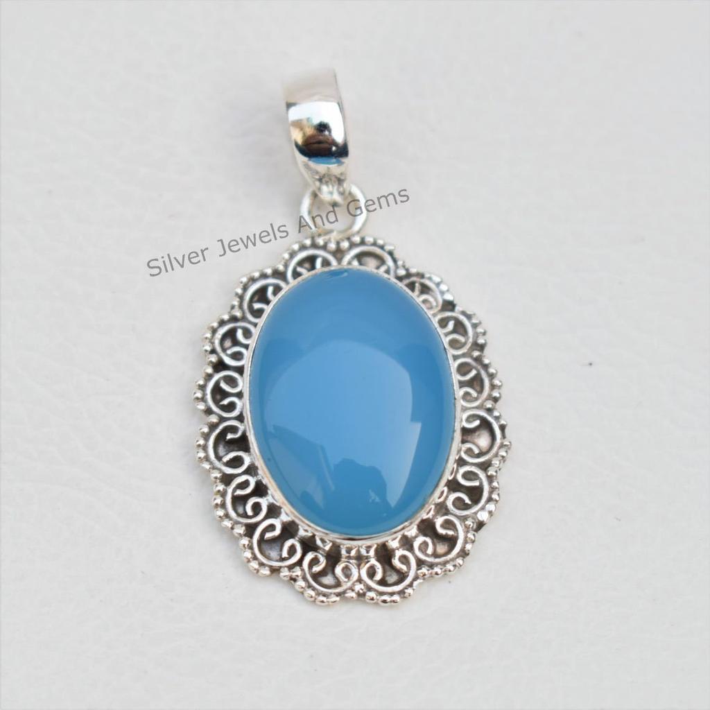 Blue Chalcedony Pendant, Boho Pendant, 925 Sterling Silver Oval Pendant, Sagittarius Birthstone, Gift For Her, Handmade Pendant
