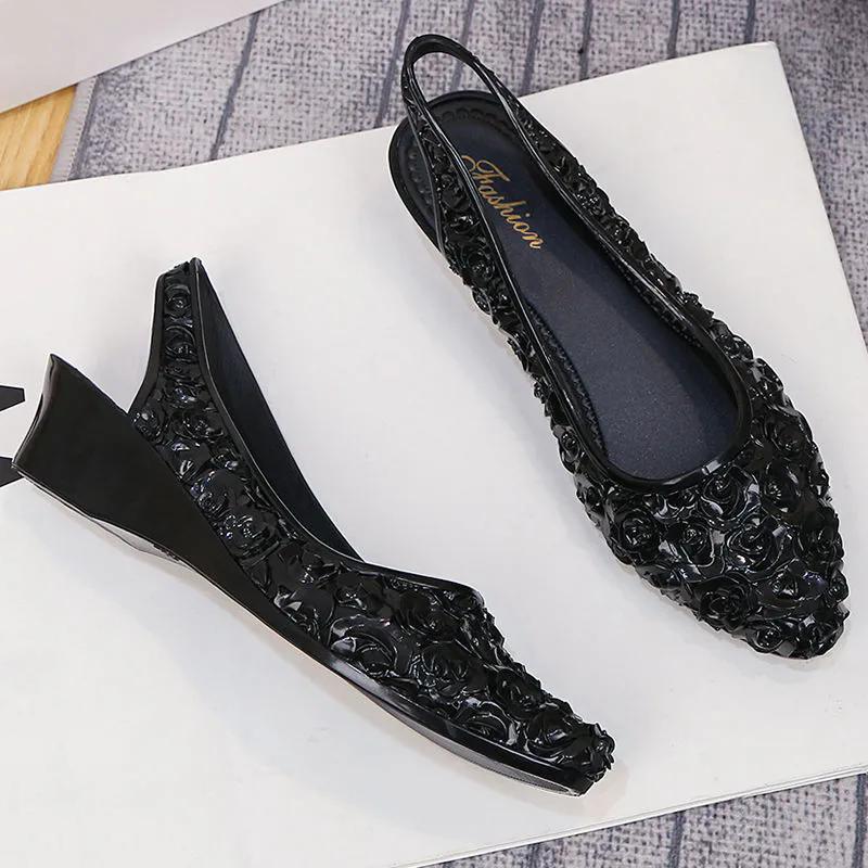 WTEMPO Pointed Toe Flowers Large Size Solid Color Casual Shoes Women PVC Waterproof Non-slip Soft Low Thick Heel Work Single Shoes