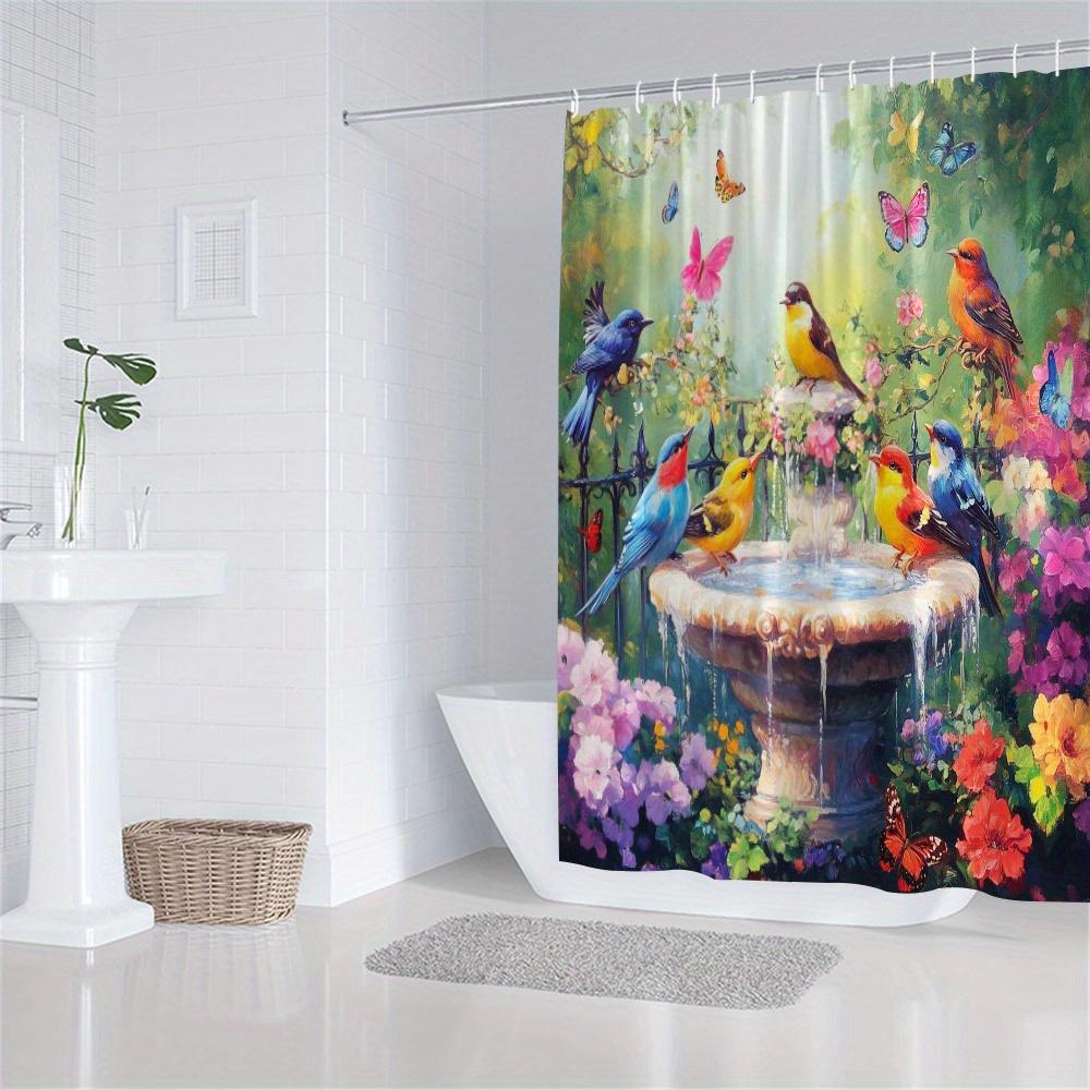 Annier Garden Shower Curtain 180X180cm – Rustic Fountain With Birds & Butterflies, Floral Bathroom Decor, 12 Hooks