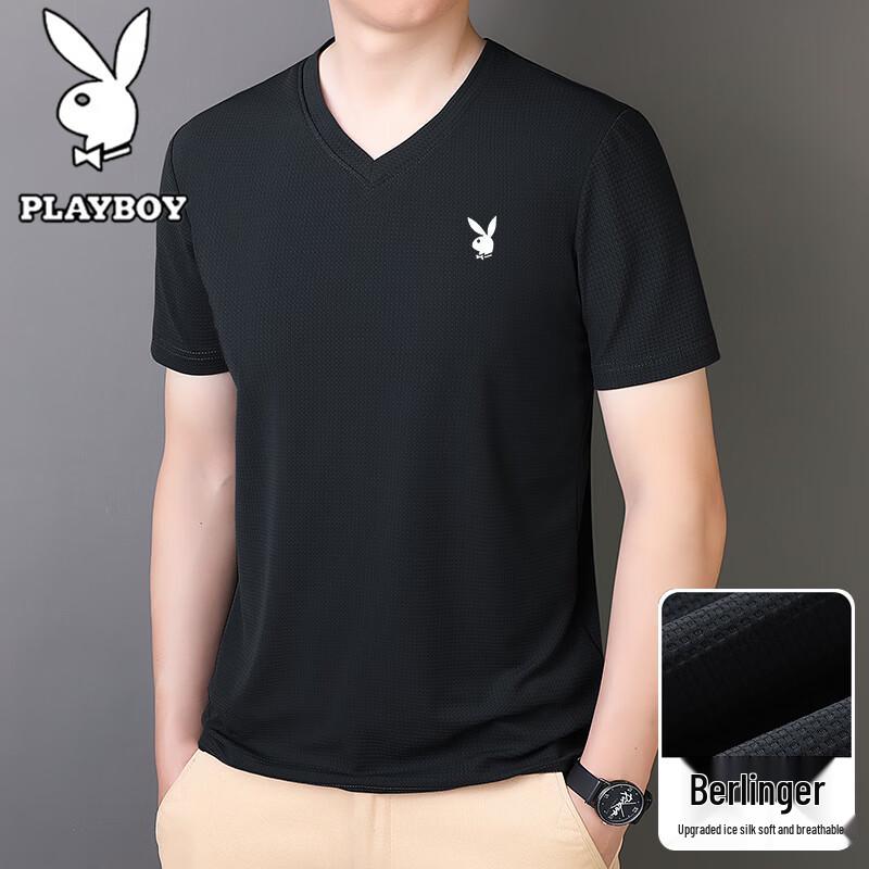PLAYBOY Men s Ice Silk V-Neck Short Sleeve T-shirt XL