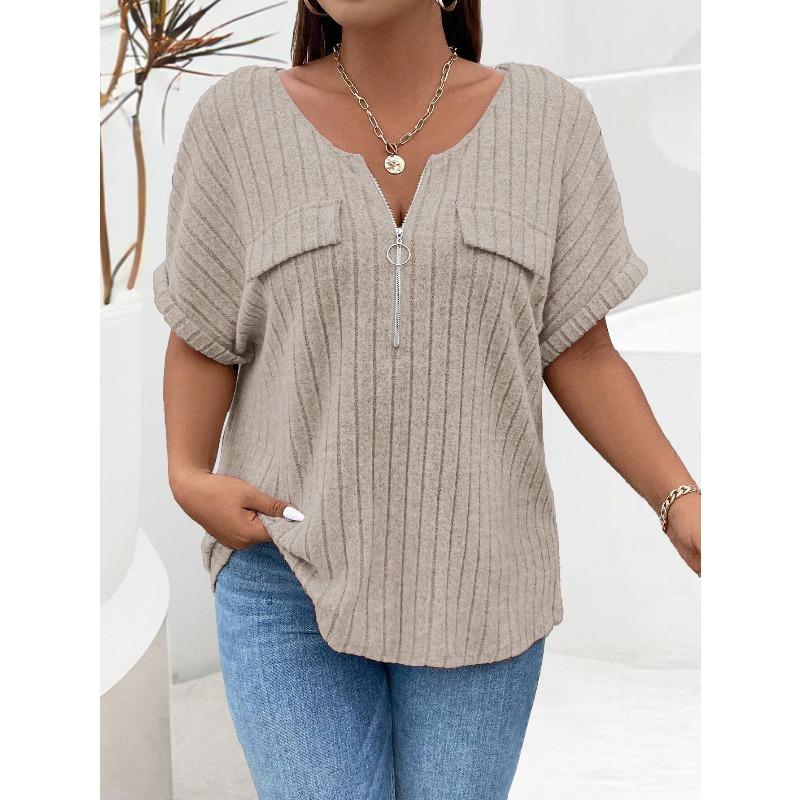 QICED Women's Fashion Casual Solid Color Print Short Sleeve V Neck Blouses & Shirts