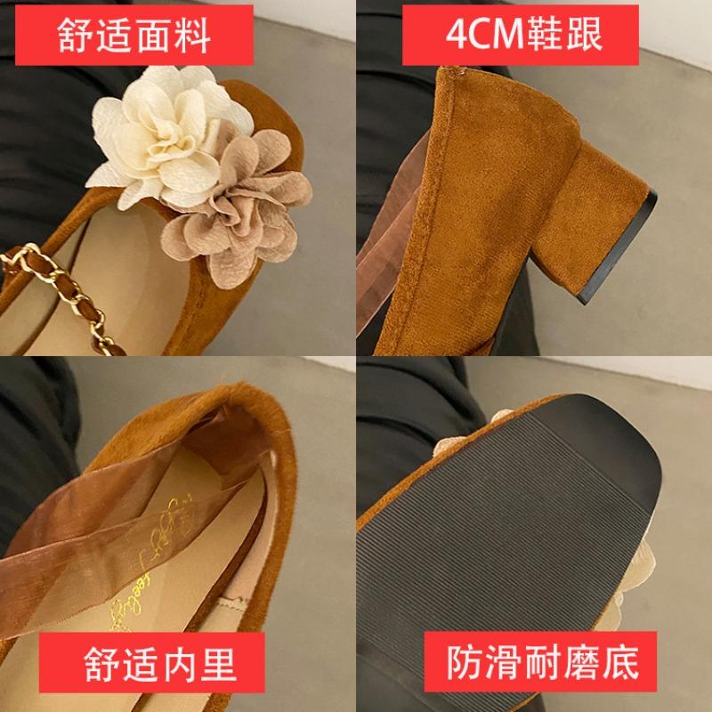 Fashion 2024 Retro Rose Shallow Mary Jane Womens Shoes Suede Strappy Flat Ballet Shoes Fashion Versatile High Heels Zapatos De Mujer