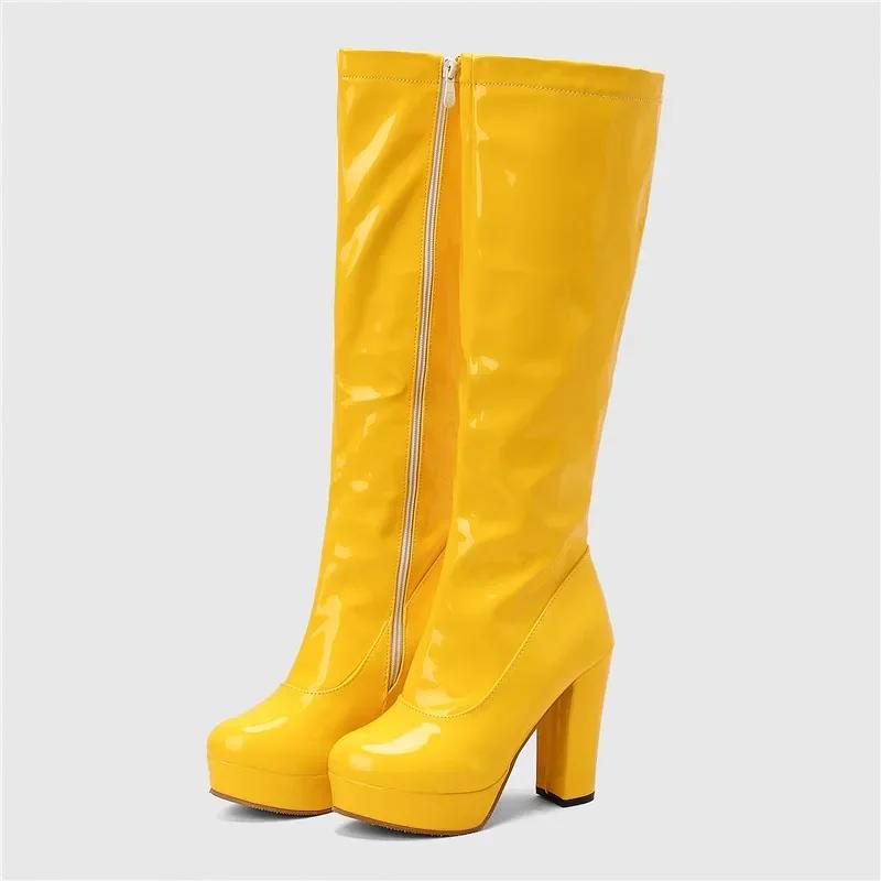 Women Knee High Boots Chunky Heels Candy Color Black Green Yellow Patent Leather Sexy Party Club Lady Zipper Long Platform Boots