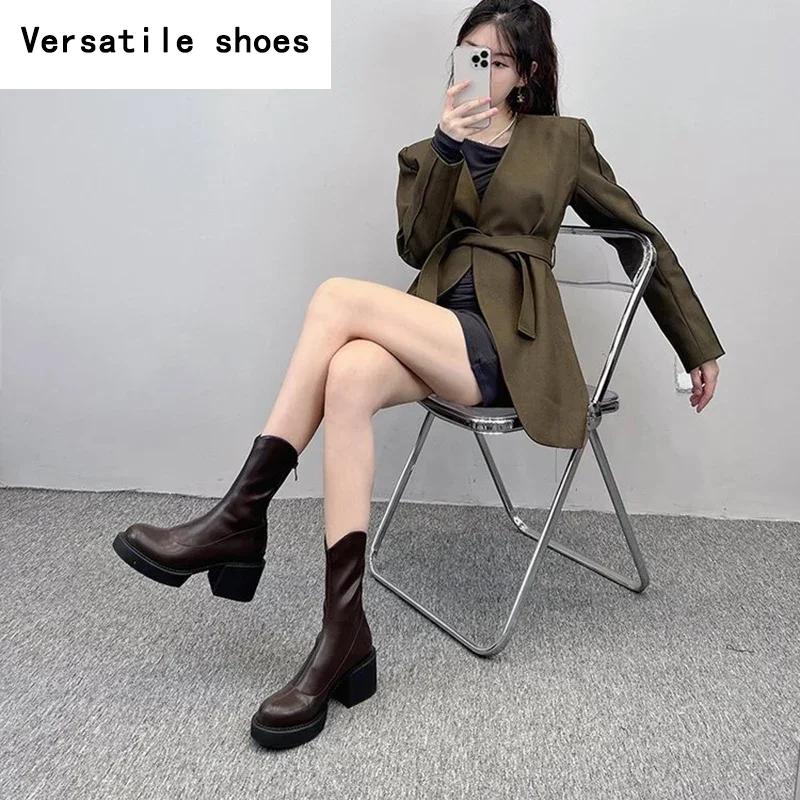 Thick High Heel Women Ankle Boots Fashion Back Zippers Slimming Short Booties Autumn Winter Female Shoes