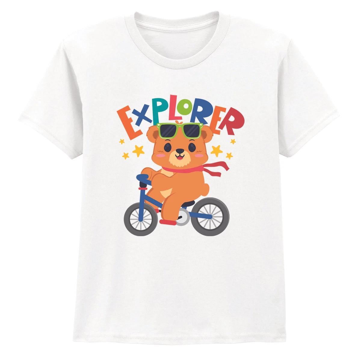 EXPLORER Boys Girls Kids T-Shirt Bear Bicycle Adventure Gift For Kids 100