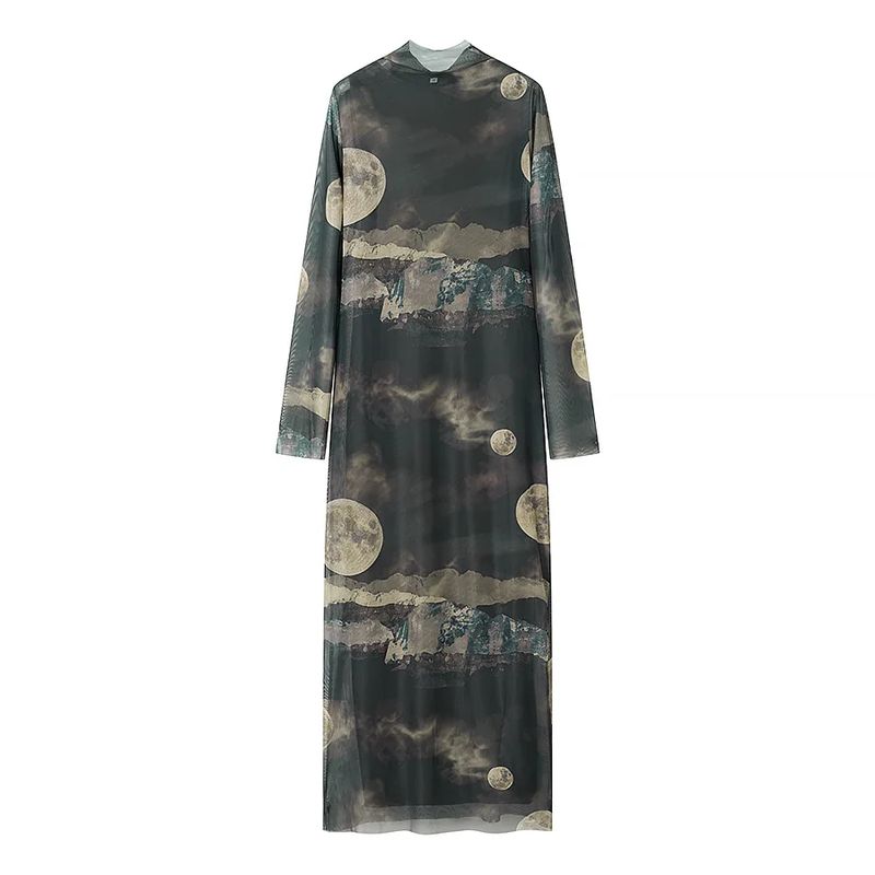 

Spring New Women s Clothing French Retro Crew Neck Long Sleeve Mesh Splashed Ink Printing Mid Length Long Length Mini Dress Ink color L