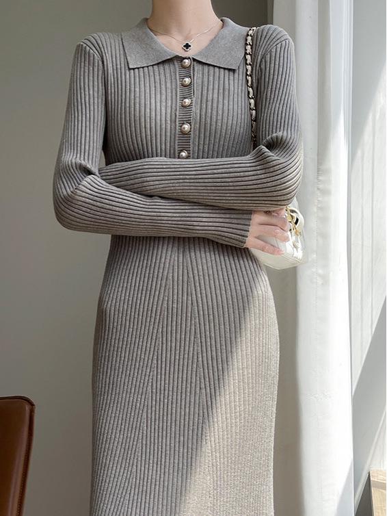 Women's Extra Long Slimming Knitted Polo Collar Dress for Autumn and Winter