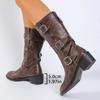 Fashion Women's Solid Color Slip On Knight Boots Autumn Winter Chunky Heel Mid Calf Botas Mujer Buckle Strap PU Leather Motorcycle Boots
