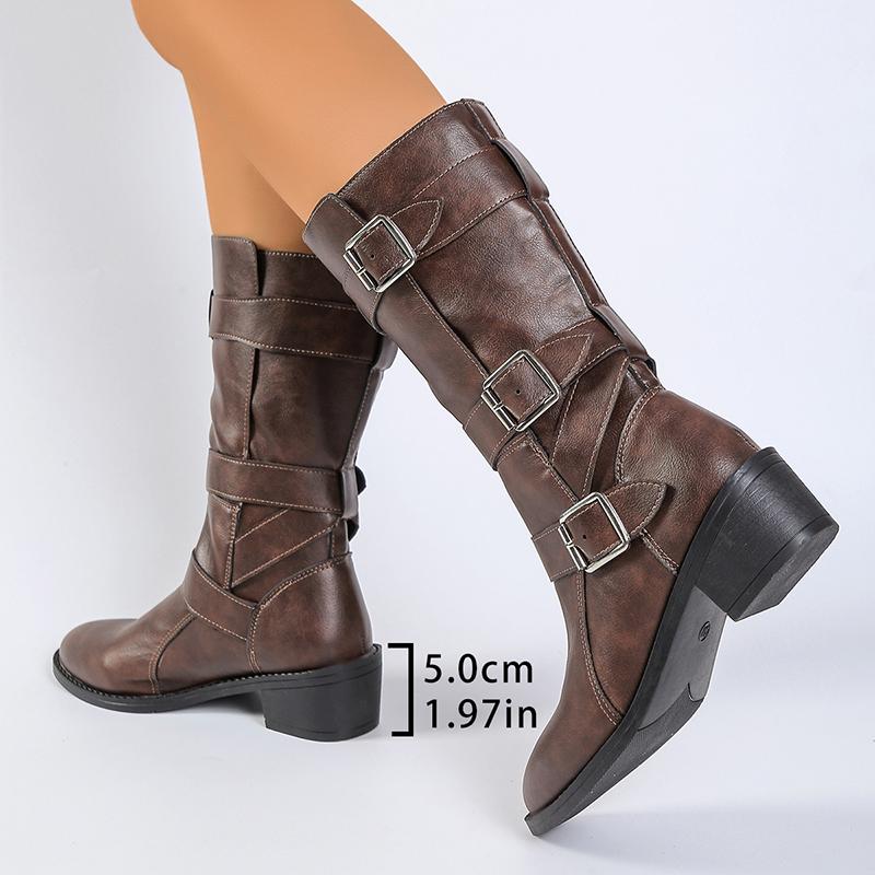 Fashion Women's Solid Color Slip On Knight Boots Autumn Winter Chunky Heel Mid Calf Botas Mujer Buckle Strap PU Leather Motorcycle Boots