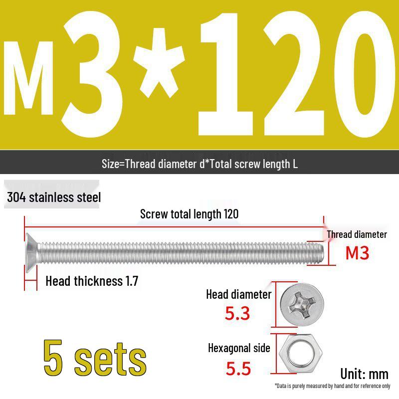 304 Stainless Steel Extra Long Phillips Flat Head Screws and Nuts Set (2M, 3M, 4M)