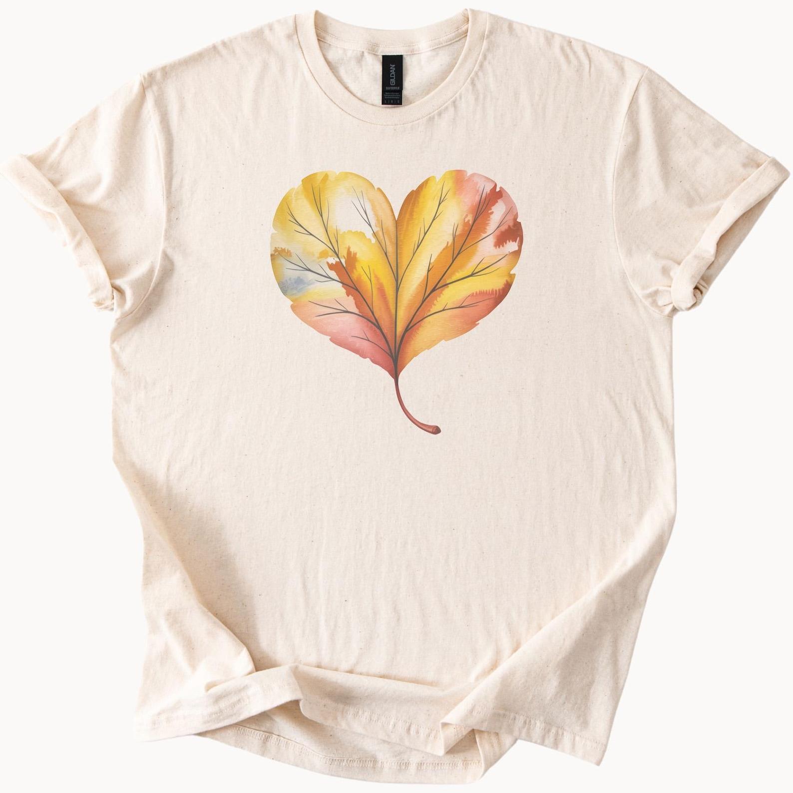 Heart Shaped Autumn Leaf Graphic T Shirt Fall Colors Watercolor Leaf Tee Soft Cotton Shirt Botanical Nature Art Fall Outfit for Men 130