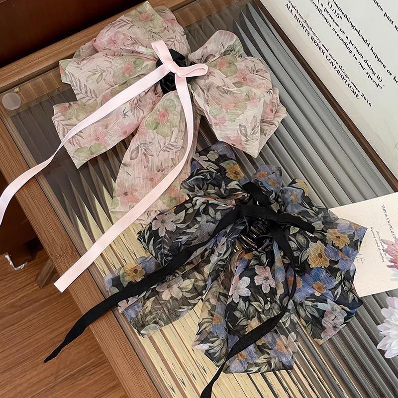 French Vintage Floral Bow Fluttering Band Grasp Clip Women Elegant Temperament Pan Hair Shark Clip Girls Hair Accessories