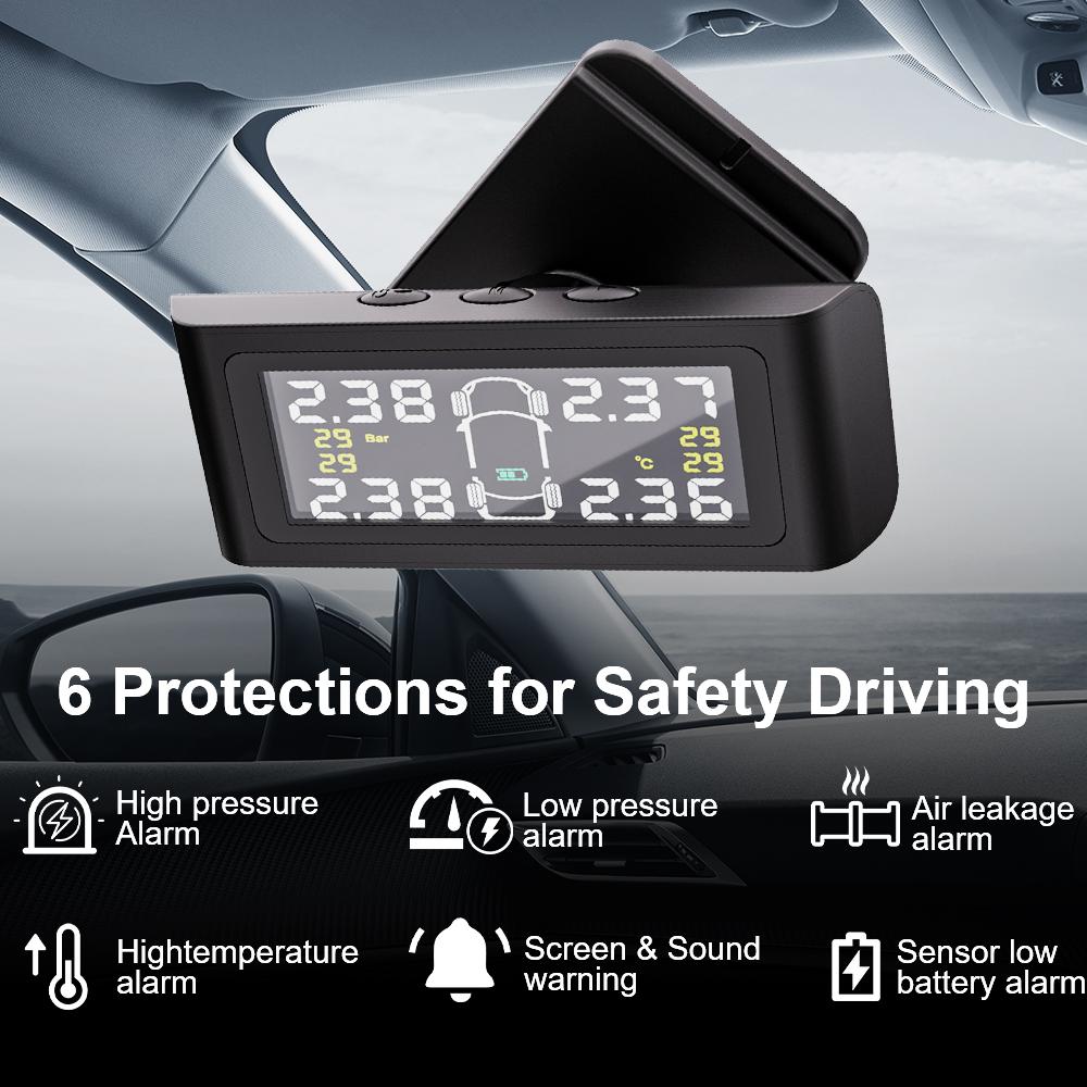 T34 Car Solar TPMS Digital 0-6.0Bar Tire Pressure Monitoring System Auto Security Alarm Rotaty Stand Tire Sensors 433.9200MHz