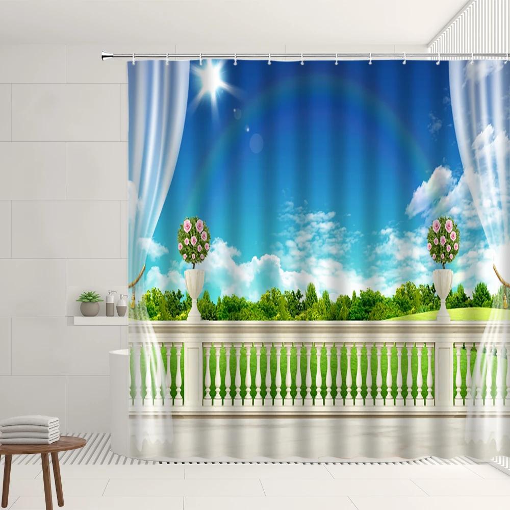 Ocean Scenery Shower Curtain Sets Beach Sail Starfish Boat Seagull Palm Tree Green Grassland Pattern Bathroom Decoration Screens
