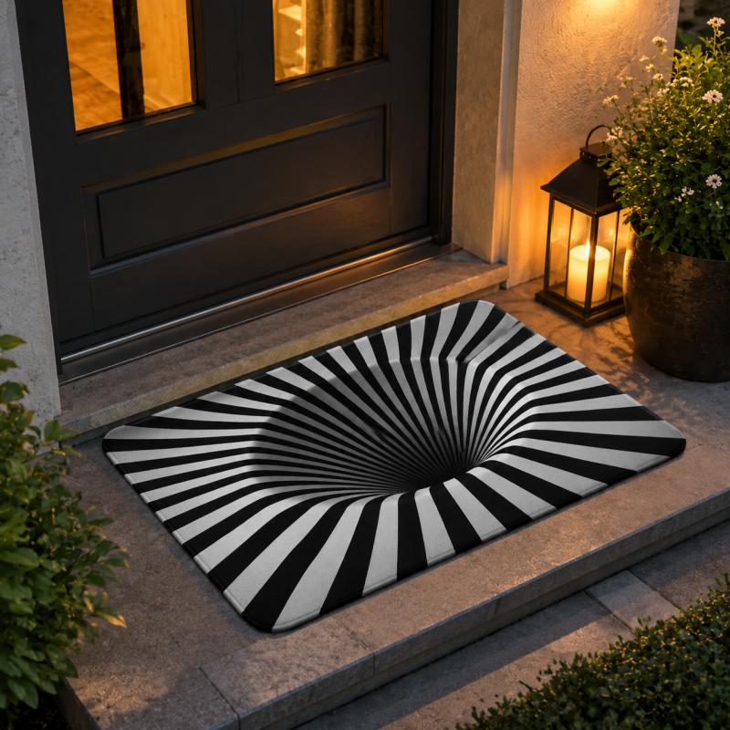 3D Black Hole Grid Illusion Doormat Non Slip Water Absorbent Floor Mat for Front Entrance Indoor Game Room Home Decor