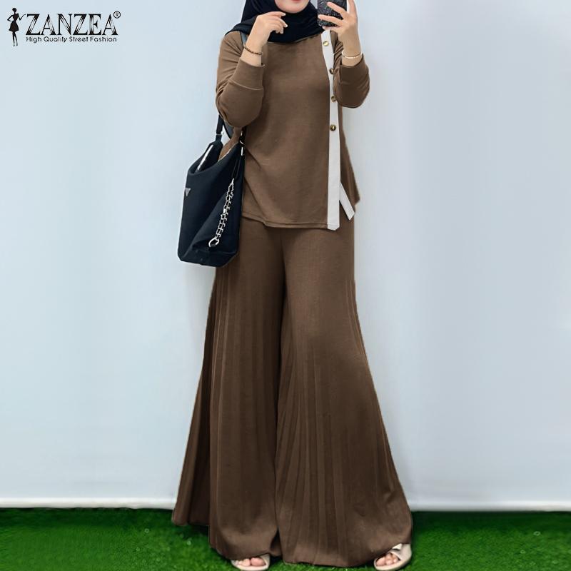 ZANZEA Blusa de Manga Larga para Mujer y Pantalones de Pierna Ancha Conjuntos Casuales de Dos Piezas