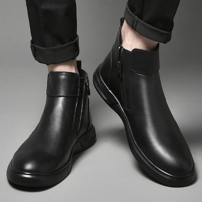 Men's Shoes 2024 Hot Sale Zipper Men's Boots Winter Round Toe Solid Plush Warm Comfortable Short Barrel Low-heeled Fashion Boots