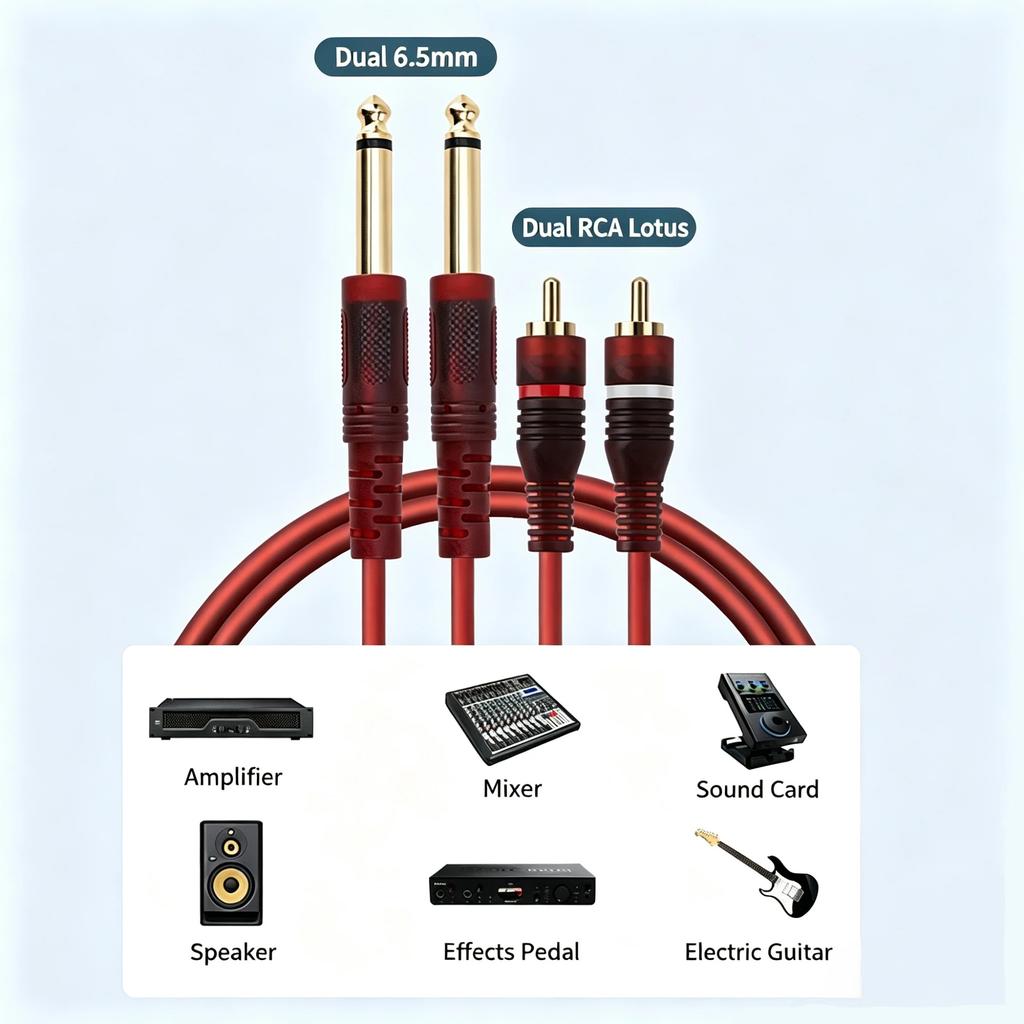 Studio Audio Cable Red 1.5/3/5m, Dual RCA Male To 6.35mm 1/4" TRS Gold-Plated Balanced for Amp Speaker