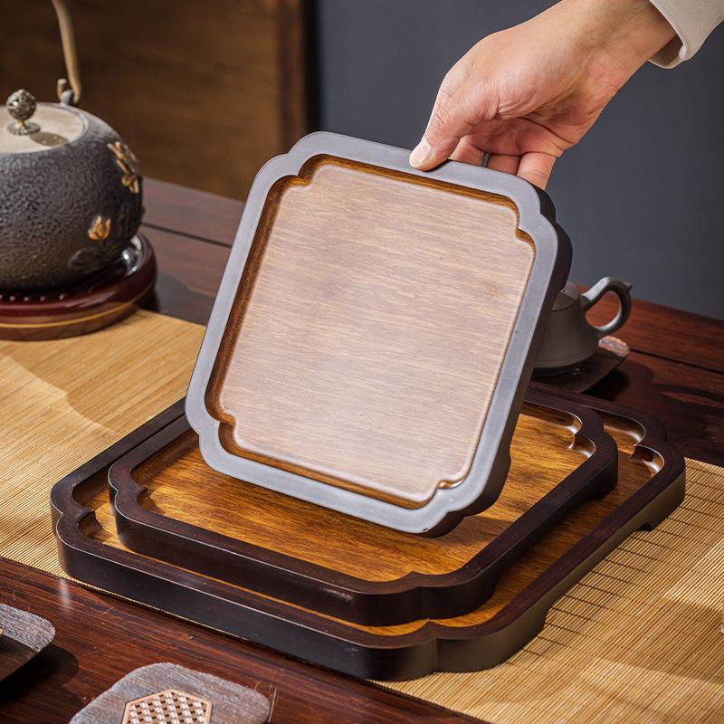 1PC Embossed Pattern Tray New Chinese Style Square Round Bamboo Tea Plate Household Desktop Decoration