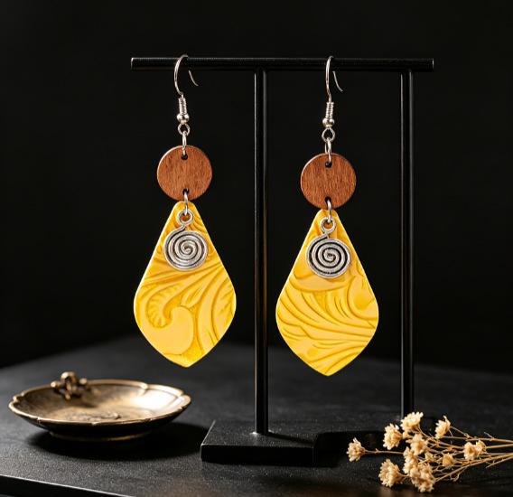 European Retro Water Drop Leather Earrings with Alloy and Wood Patchwork