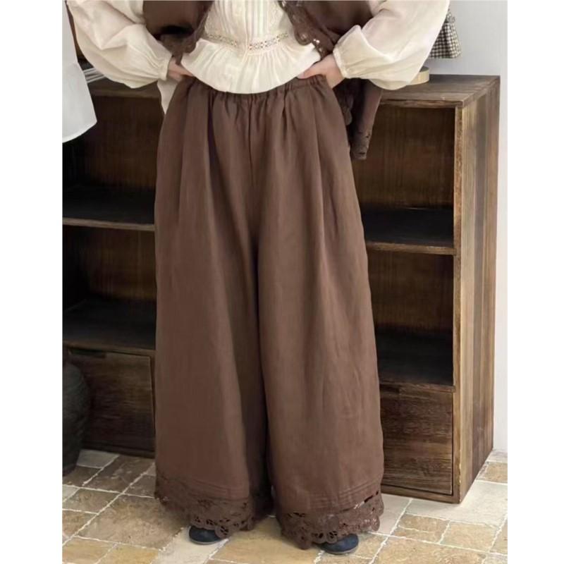 

Johnature Retro Pants Relaxed Elastic Waist Loose Lace Wide-leg Straight Double-layer Pants For Women One Size кофейный