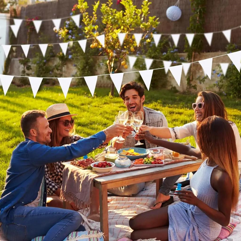10m White Triangle Plastic Pennant Flags Wedding Birthday Party Decor Outdoor Bunting Garland for Camping Garden Baby Shower 5