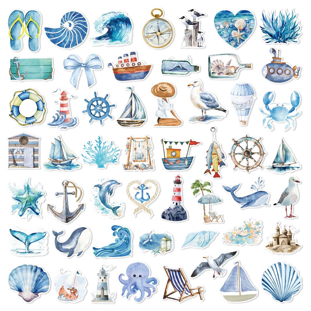 50pcs/pack New Hand Drawn Ocean Series Graffiti Stickers For Luggage Phone Guitar Water Cup Movable Stickers