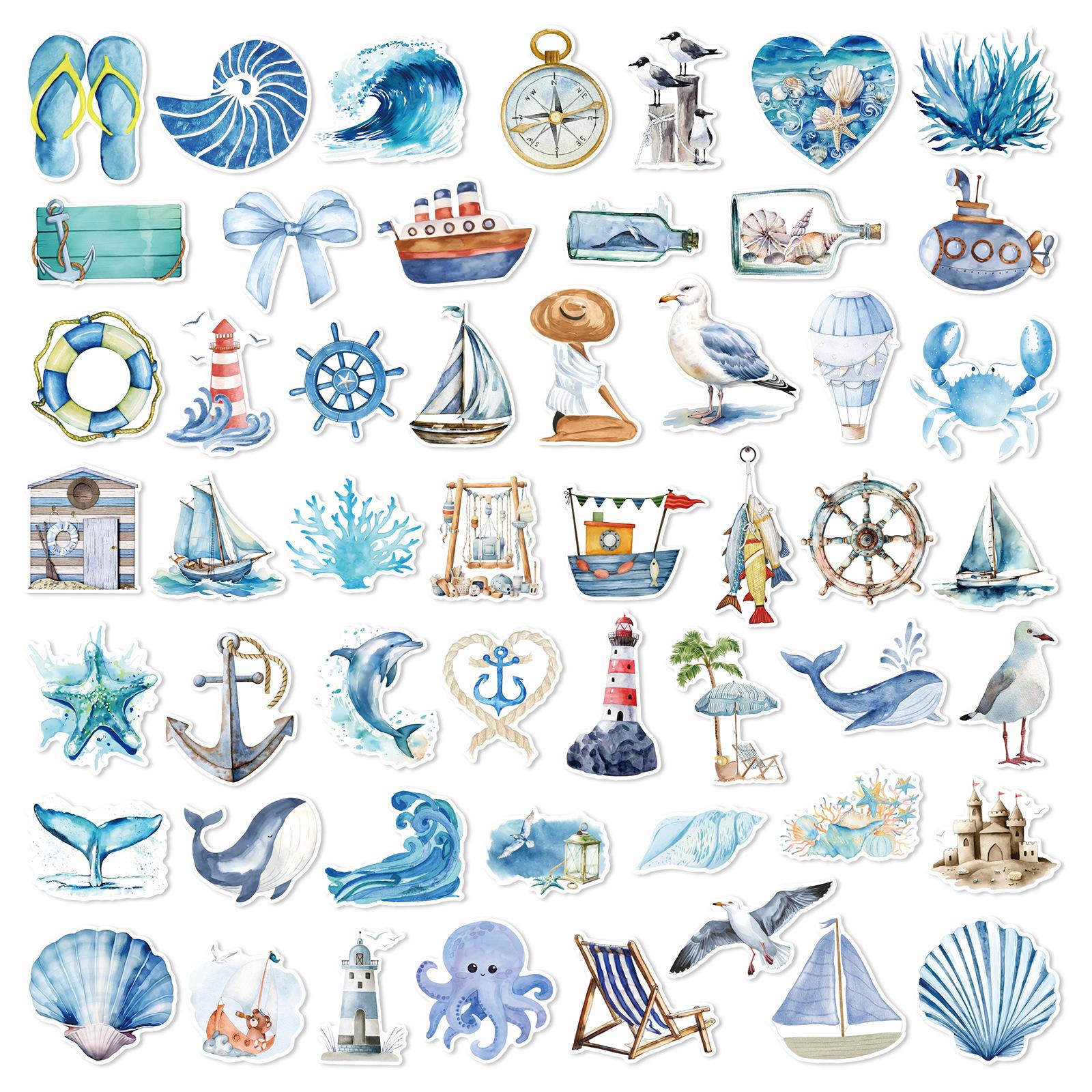 50 stuks/pak Nieuwe Handgetekende Oceaan Serie Graffiti Stickers Voor Bagage Telefoon Gitaar Waterbeker Verplaatsbare Stickers white