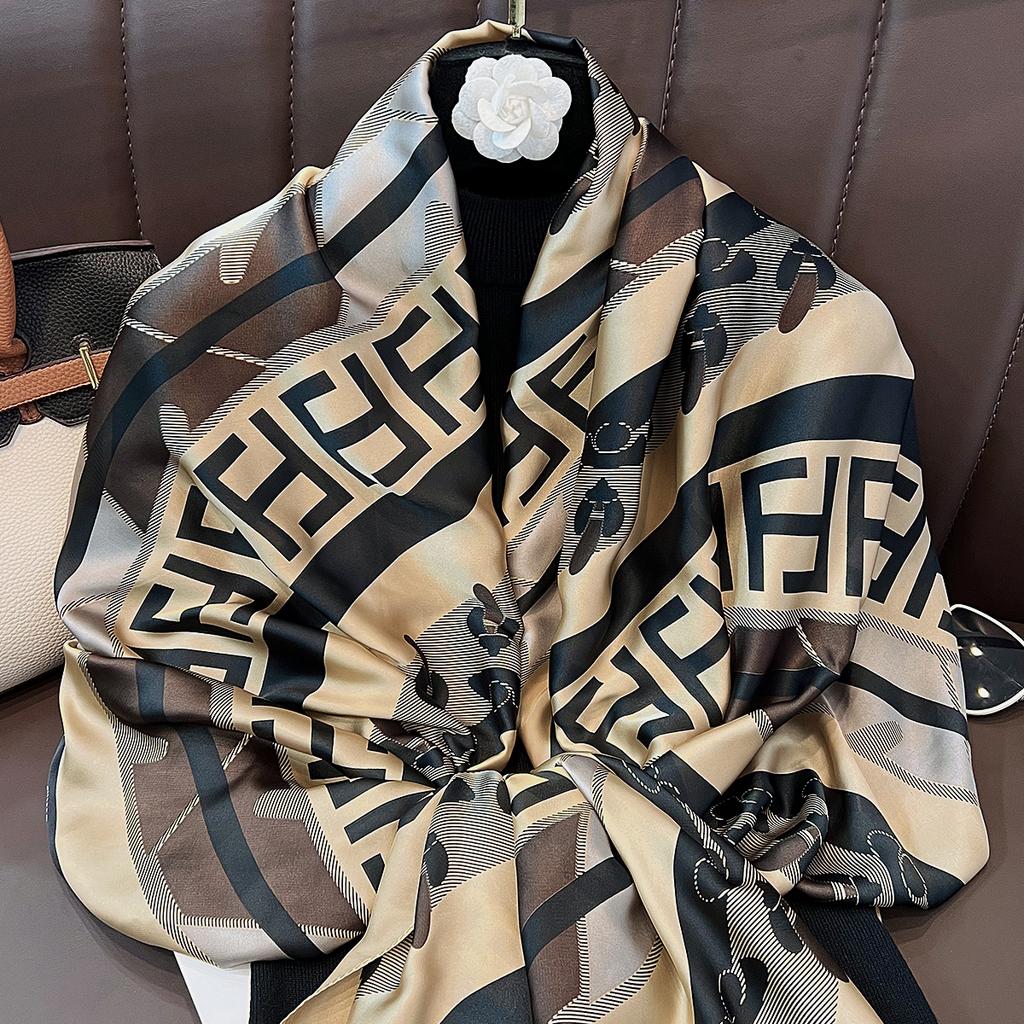 Korean version of the new simulated silky brocade silk scarf fashionable versatile long scarf summer seaside travel sunscreen beach towel