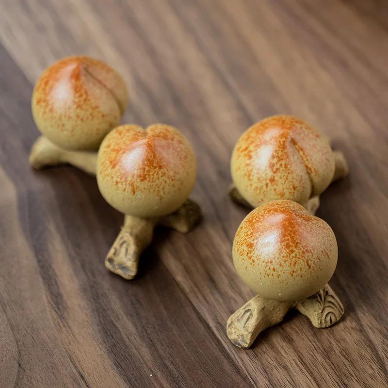 Chinese Yixing Purple Clay Tea Pet Creative Peach Model Ornaments Tea Figurine Handmade Crafts Desktop Decors Tea Set Decoration