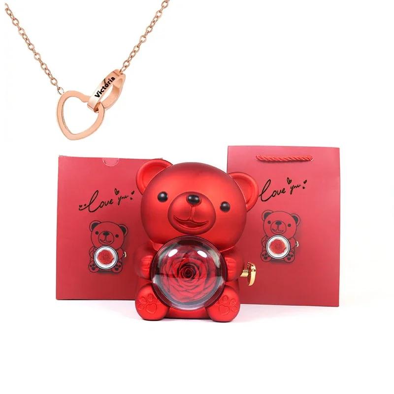 Mini Zarte Herz Gravierte Halskette Süße Bären Schmuckschatullen Valentinstag Muttertag Geburtstagsgeschenk Papiertüten Set