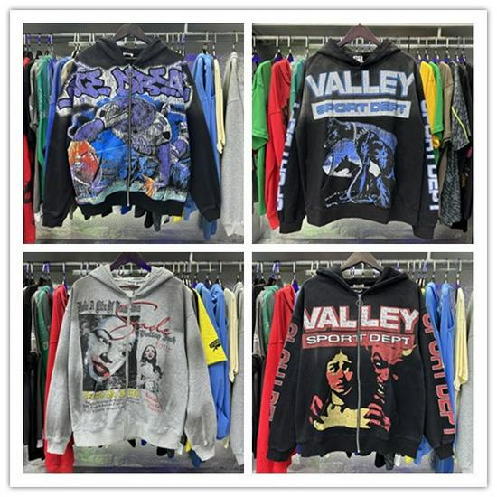 Unisex Retro Print Distressed Zipper Hoodie - Loose Fit, High Street American Style