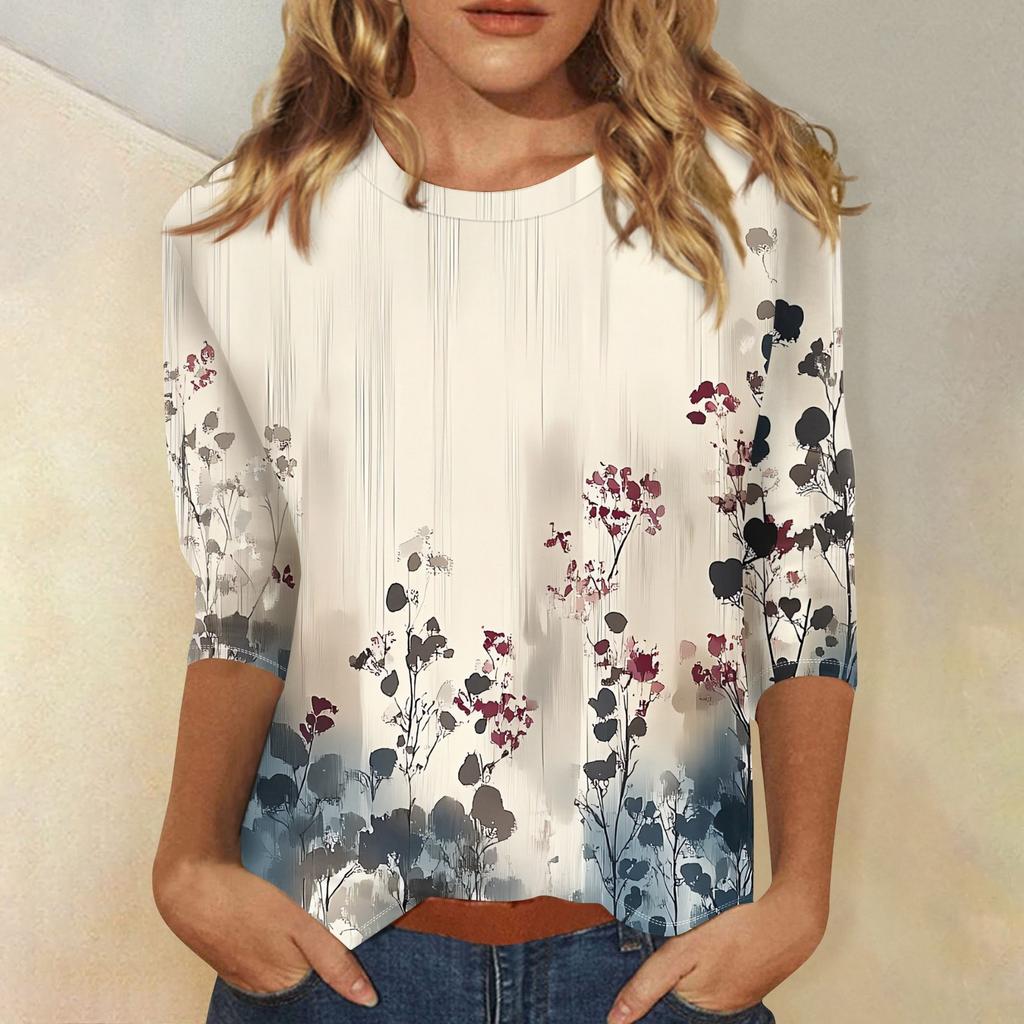 3/4 Sleeve Tops For Women T-Shirt Casual  Print Tops T Shirt Round Neck Pullover Blouse