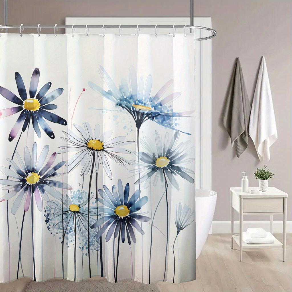 1 Floral Shower Curtain With Hooks, Watercolor Daisy Print, Polyester Fabric, Machine Washable, Bathroom Decor For All Seasons