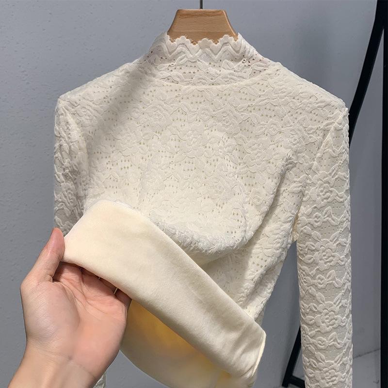 Half Turtleneck Base Shirt for Women New Women's French Lace Lace Shirt Thermal Inner Waist Top