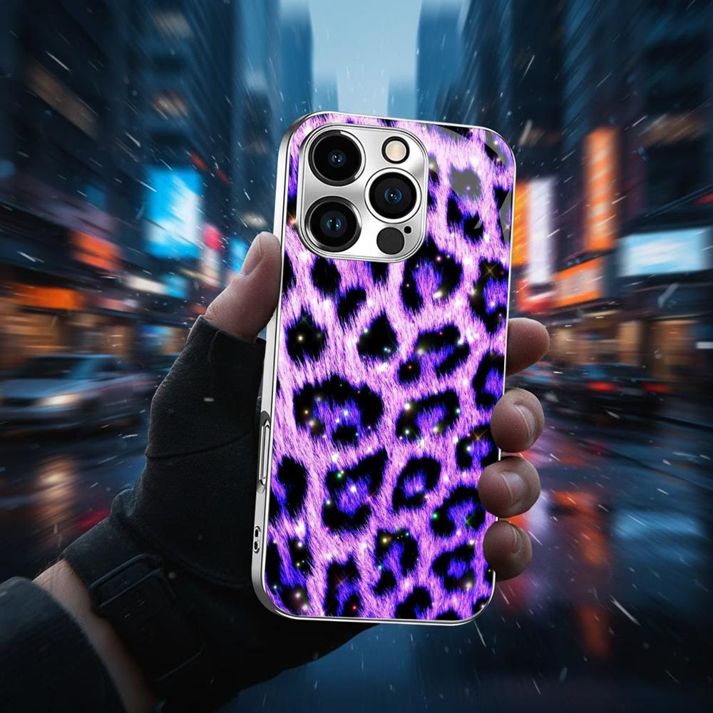 Purple Leopard Pattern Exquisite Luxurious Phone Case Electroplated Glass PhoneCase for iPhone 17 16 15 14 13 12 11pm Pro Plus