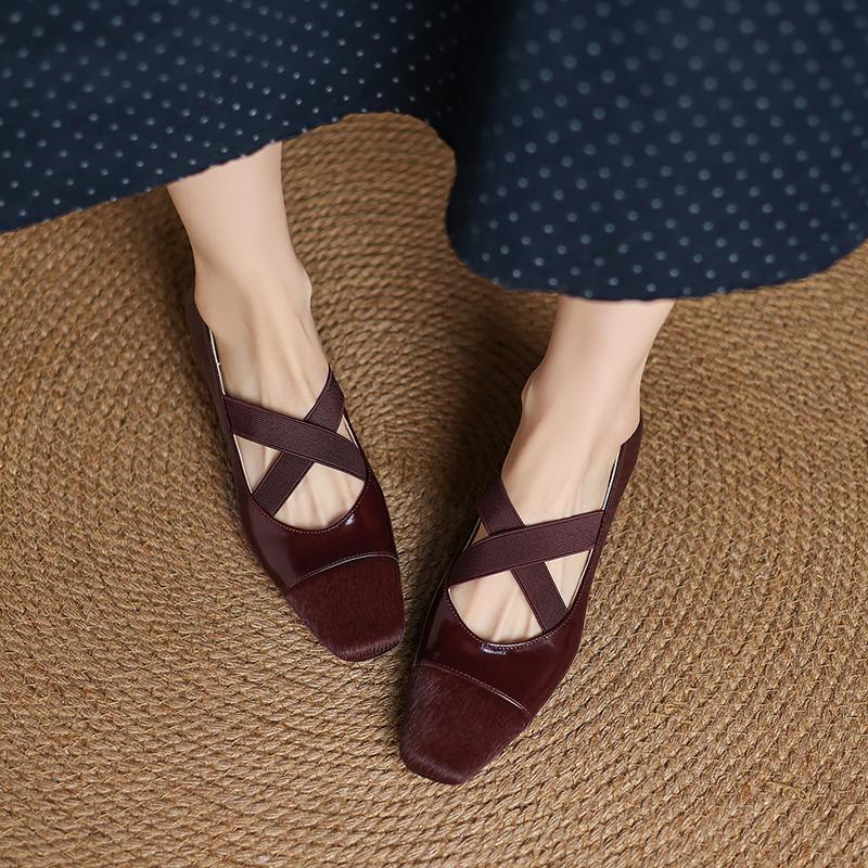 Krazing Pot Cow Skin Spring Summer Size 41 Horsehair Thick Low Heels Women Square Toe Basic Clothing Shallow Pumps