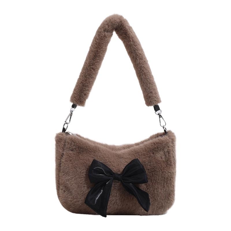 Handheld fluffy women's bag, new autumn and winter plush bag, cute bow small square bag, shoulder messenger bag.