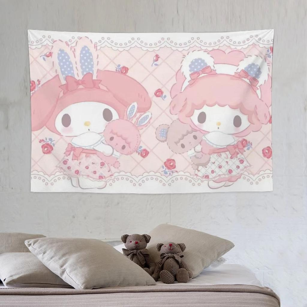Sanrio My Melody Tapestry Sweet Piano Print Cute Cartoon Wall Hanging Aesthetic Bedroom Decor for Dorm Home Decoration