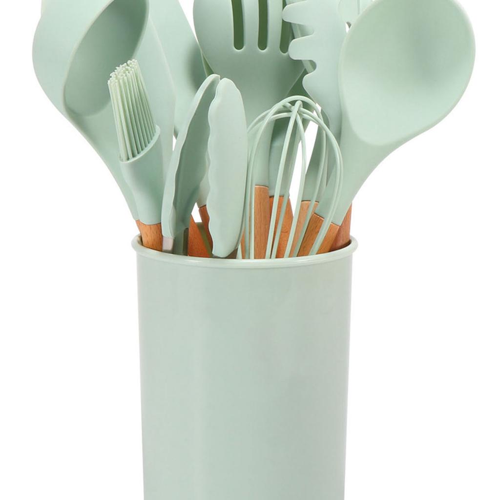 11 Pcs Silicone Kitchenware Set Heat Proof Wooden Handle Kitchen Utensils Set with Storage Bucket