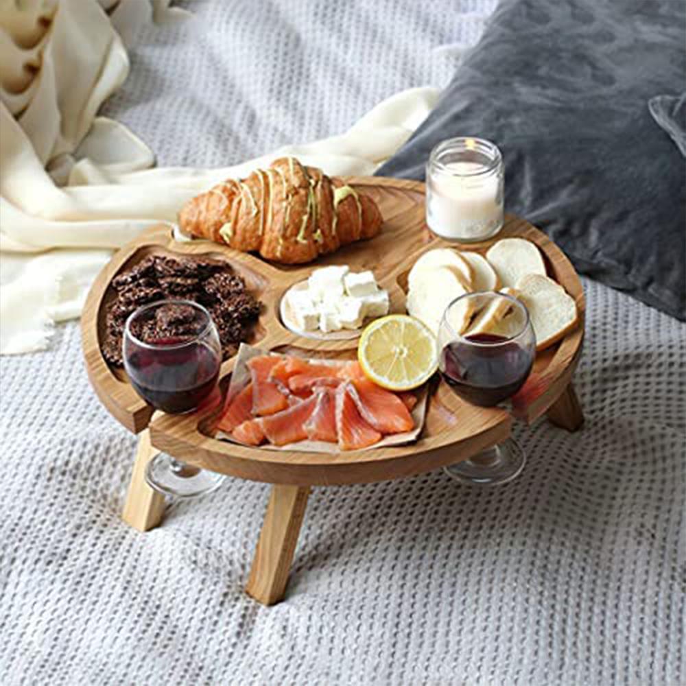 Folding Picnic Table With Glass Holder Round Foldable Desk Wine Glass Rack Collapsible Camping Table For Party Wooden Outdoor