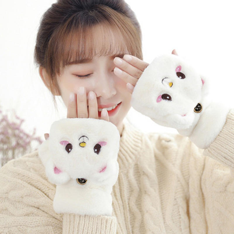 Women Plush Warm Glove Fur Lovely Rabbit Cat Mittens Flip Fingerless Gloves Soft Girls Thick Gloves Flexible Half Finger Winter