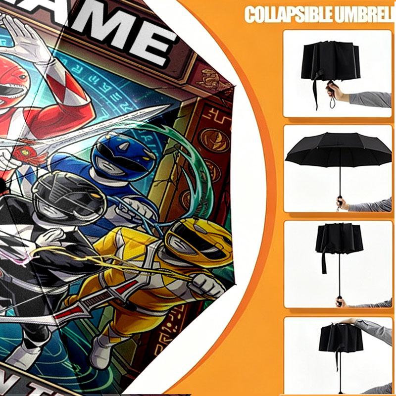 Custom Name Personalized Power Rangers Print Umbrella, Auto Open Close, 8‑Rib Sturdy Frame, Commute Camping Hiking Use, Birthday Gift