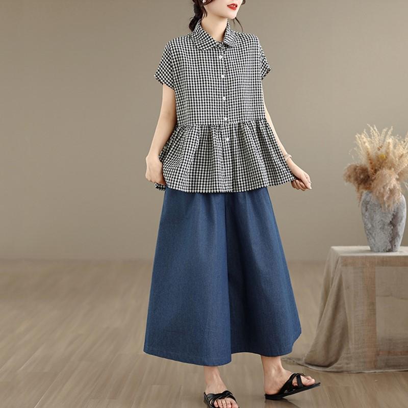 Short Sleeve Oversized Vintage Plaid Shirts & Blouses for Blouse Casual Loose Summer Tops Women Button Up Shirt