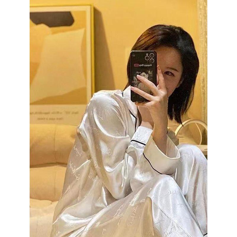 

Vido Silk Satin Pajamas for Women Spring/Summer Fancy White English Solid Color Homewear Secret Two-piece Set White L