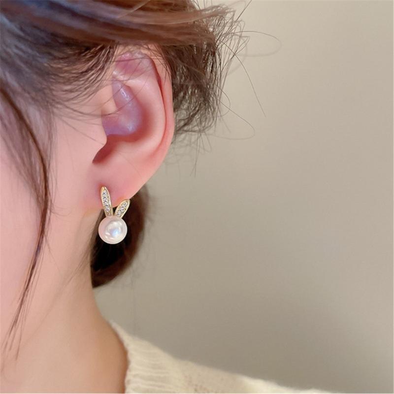 Delicate Floral Rabbit Ears Studs With Imitation Pearls Trendy Easter Jewelry For Women Fashionable Holiday Gift