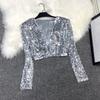 Women's Sequin Shrug Open Front Long Sleeve Cropped Bolero Jackets Sparkly Party Club Going Out Cardigan