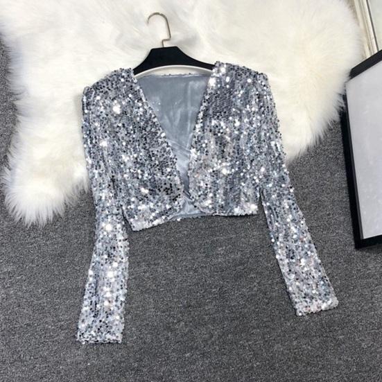 Women's Sequin Shrug Open Front Long Sleeve Cropped Bolero Jackets Sparkly Party Club Going Out Cardigan