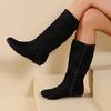 Falten-Design zum Hineinschlüpfen Westernstiefel 2026 Damen Flach Wildleder Beflockt Dicke Absätze Cowboystiefel Damen Seitenreißverschluss Wadenhoch Kurz Botas
