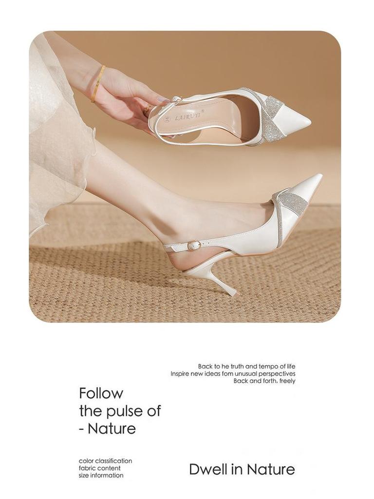 BYZ Backless Pointed Toe Stiletto Microfiber Rhinestone Buckle Heels - Versatile Commuter Work Shoes for Women